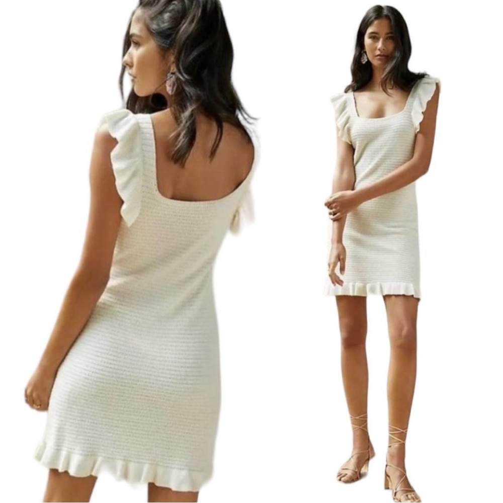 Anthropologie Ruffled Pointelle Mini Dress in Ivory Small